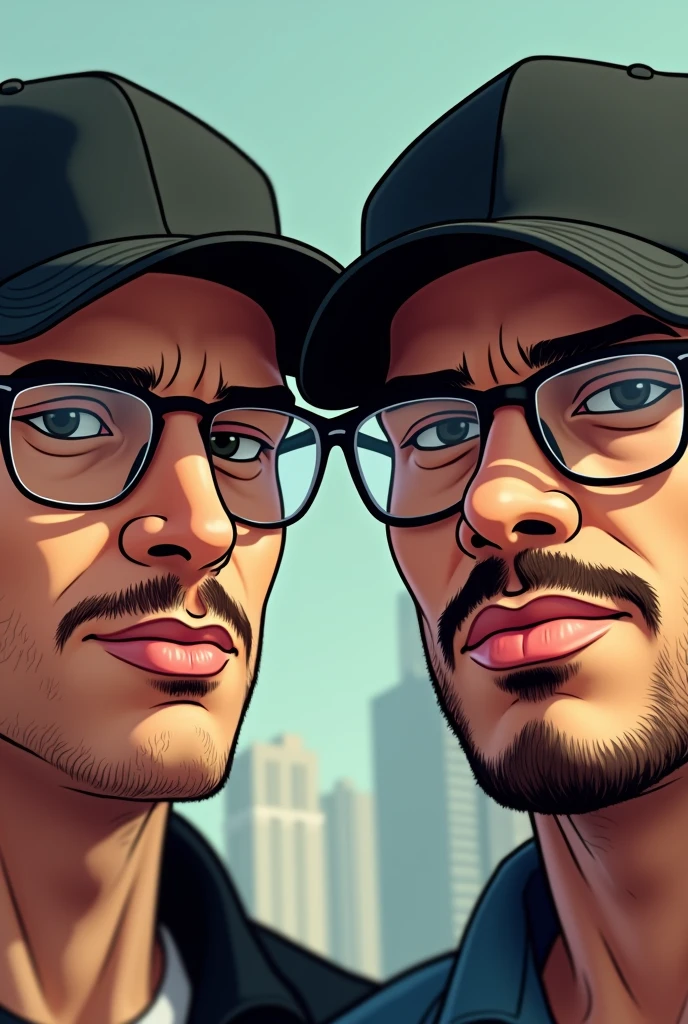 I would like you to create a close-up illustration of a 2 Colombian Caucasian man wearing clear aviator glasses with a mustache, Black cap in GTA San Andreas style 