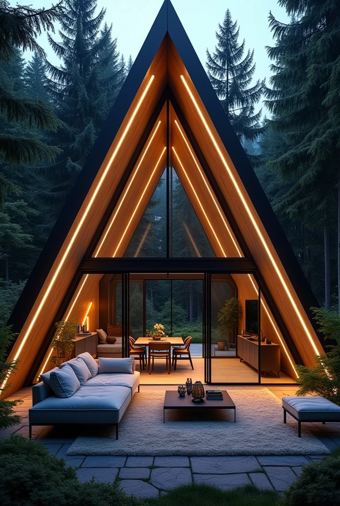 create a photo taken from the inside out in a modern chalet made of iron and glass in the middle of the forest at night with warm white LED profile lighting, large carpet in the living room, quarter at sight, sofa with towel fabric, minimalist style with neoclassical and modern triangular ceiling with. dark at night outside in the middle of the green forest lamp