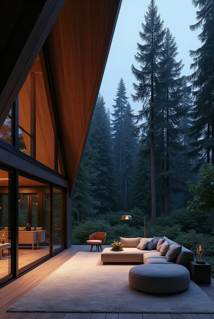 create a photo taken from the inside out in a modern chalet made of iron and glass in the middle of the forest at night with warm white LED profile lighting, large carpet in the living room, quarter at sight, sofa with towel fabric, minimalist style with neoclassical and modern triangular ceiling with. dark at night outside in the middle of the green forest lamp