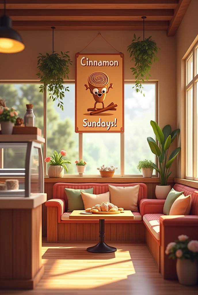 I need a cafeteria that logo is Rollin' Cinnamon with a poster that says ''Cinnamon Sundays!''