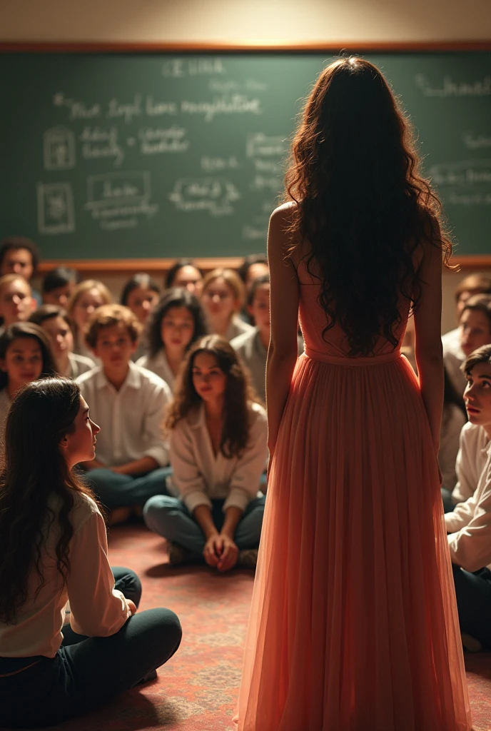 There were some young students sitting on the floor of a room, standing, facing them, they heard a brunette woman, with long curly hair, speak with authority and delicacy, This woman was wearing a beautiful long dress.
