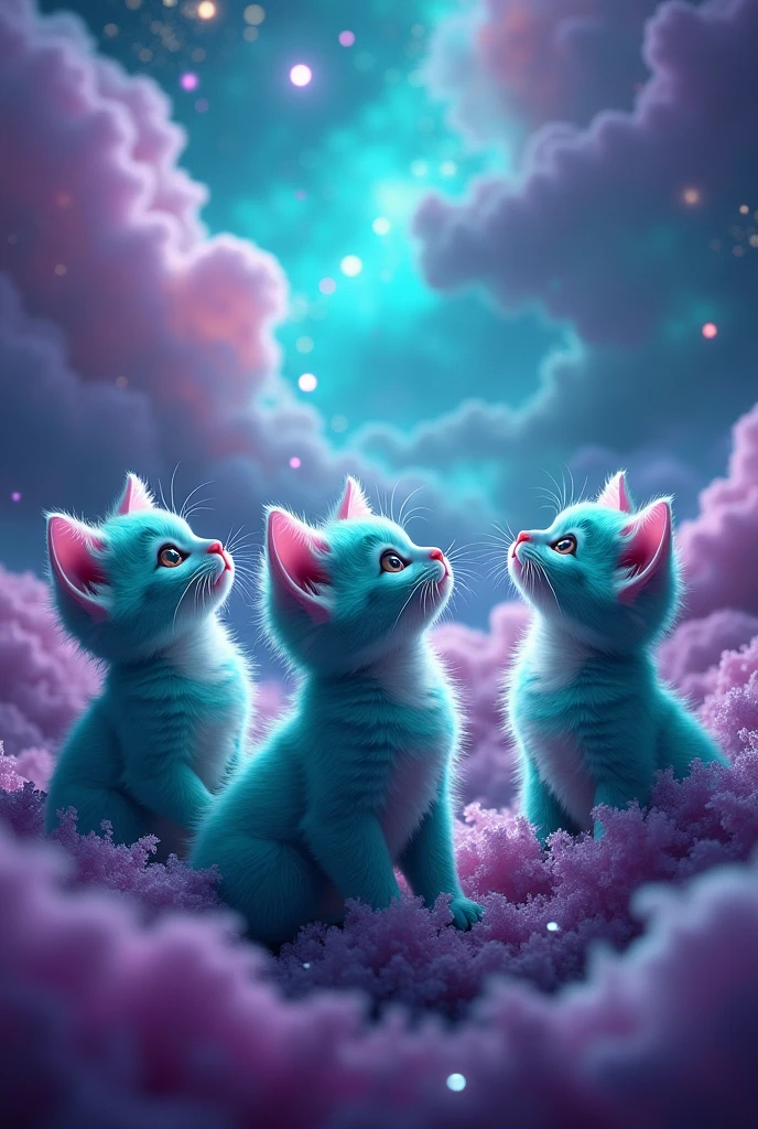 create multiple realistic kittens, super cute, staring overhead, they are turquoise with purple, the background is a turquoise galaxy with purple,
