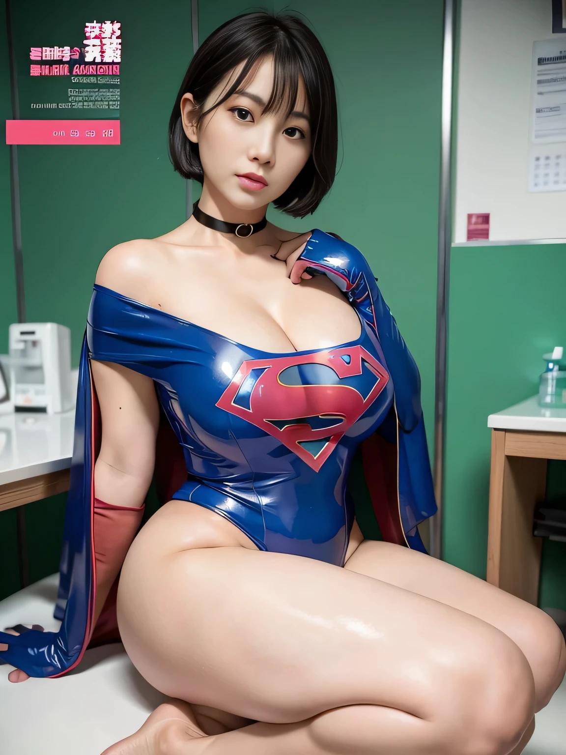 masterpiece、Rubber Supergirl Costume、short hair、barefoot、Big and ample breasts、shiny sweaty skin、looking at the camera、choker、Long sleeve、Sexy poses to seduce、Off the shoulder、latex、From the front、In front of the laboratory equipment in the examination room、High leg leotard、Cape、Glamorous cleavage、Photo magazine cover、Boasting beautiful legs、Nymphomaniac young wife in her 30s、Close-up shot from a close distance、Glamorous bare legs、