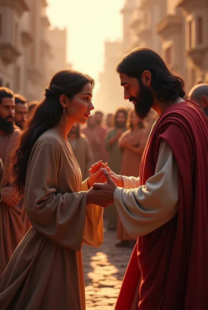 Woman with issue of blood touching Jesus' garment in the middle of the crowd 3d animated