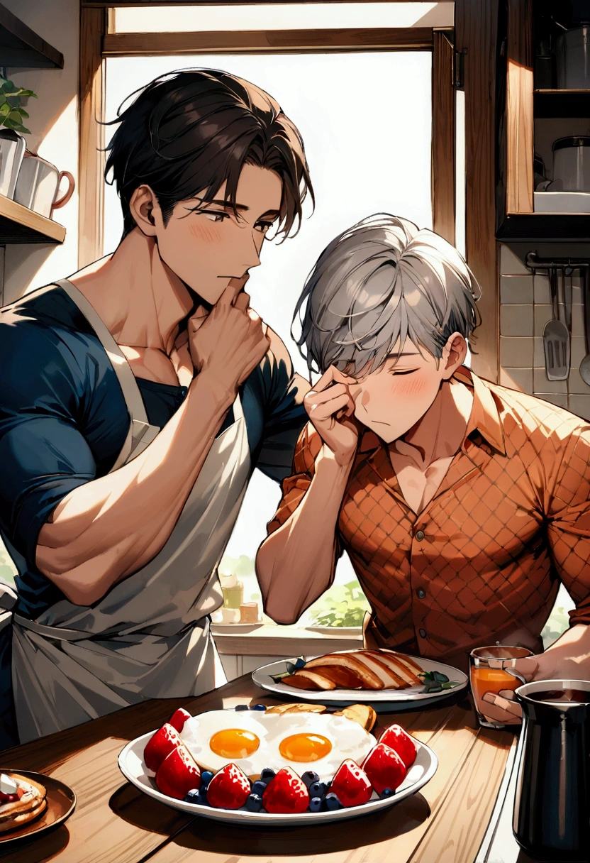 Highest quality、masterpiece、(Two men:1.5)、On the right side stands a naked, muscular man with dark hair and wearing an apron making breakfast.、On the left is a muscular man with grey hair in pajamas, rubbing his eyes and yawning.、(Short Hair:1.2)、kitchen、Light of the sun、Breakfast and coffee on the table、Happy atmosphere