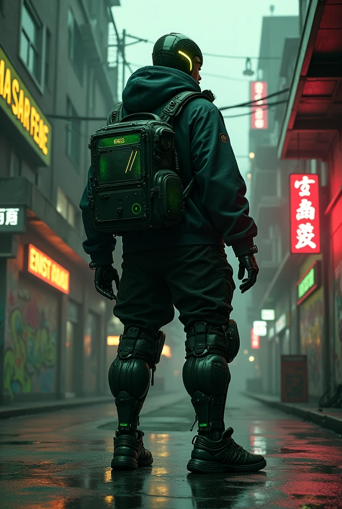 “(Hyper-realistic, 4K, DSLR photo, Octane Render: 1.3) A futuristic cyberpunk mecha in black and green, featuring a bulky backpack, imposing and aggressive stance, wearing a cyberpunk streetwear oversized hoodie, cyber helmet with glowing neon details, mechanical arms with advanced technology, gritty dystopian street environment, dramatic sunset-lit atmosphere, cyberpunk mercenary vibe, highly detailed textures, reflective surfaces, dark urban background with neon signs and graffiti, shadows and highlights perfectly balanced, (photorealism: 1.5), (art of Beeple: 1.4), cinematic composition, intense and moody”