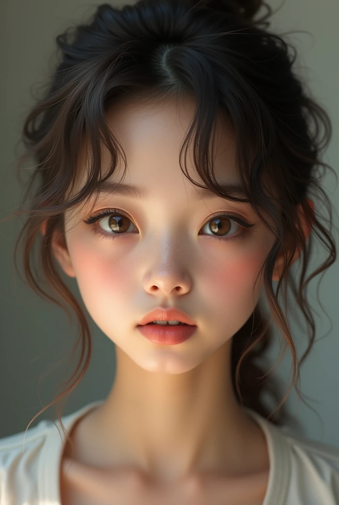 Hazel eyes, thick lips, round face
