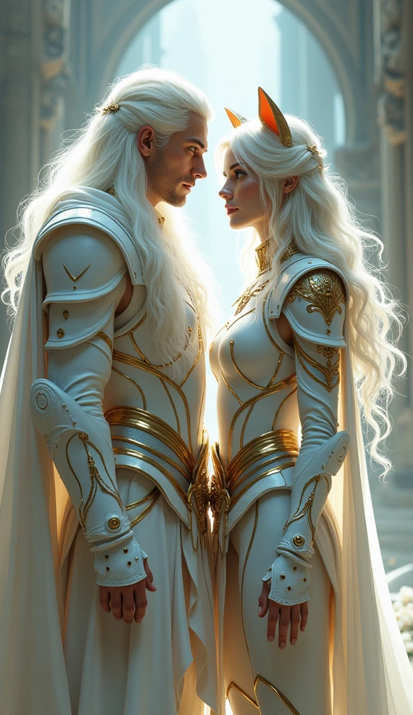A young white haired man ,very long neon white shiny hair, and woman with White and gold armor and a cape related to the Knights of the Zodiac, His armor will have the combination of a lion spirit and a puma and his human companion with a neon white armor with the spirit of a white dog