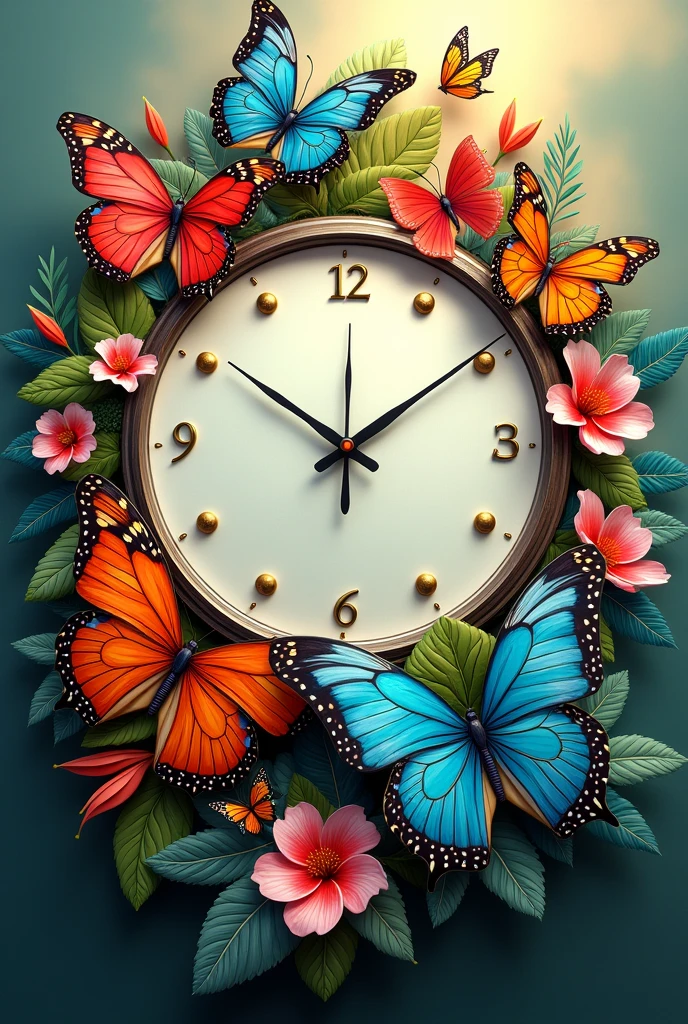 Give me a wall clock, that inside the clock there are butterflies and nature, make it colorful
