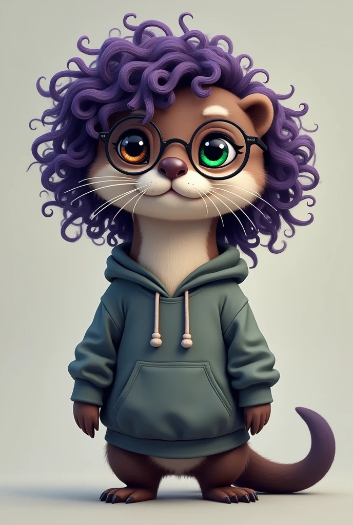otter , curly black and purple hair, wearing glasses and a sweatshirt, heterochromia one eye green and the other black