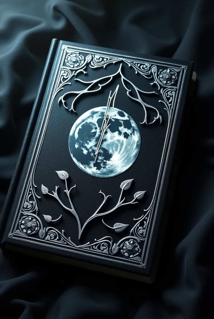 a black grimoire with silver carvings with small vine leaves on the four corners of the cover and in its center a full moon with a lightning bolt