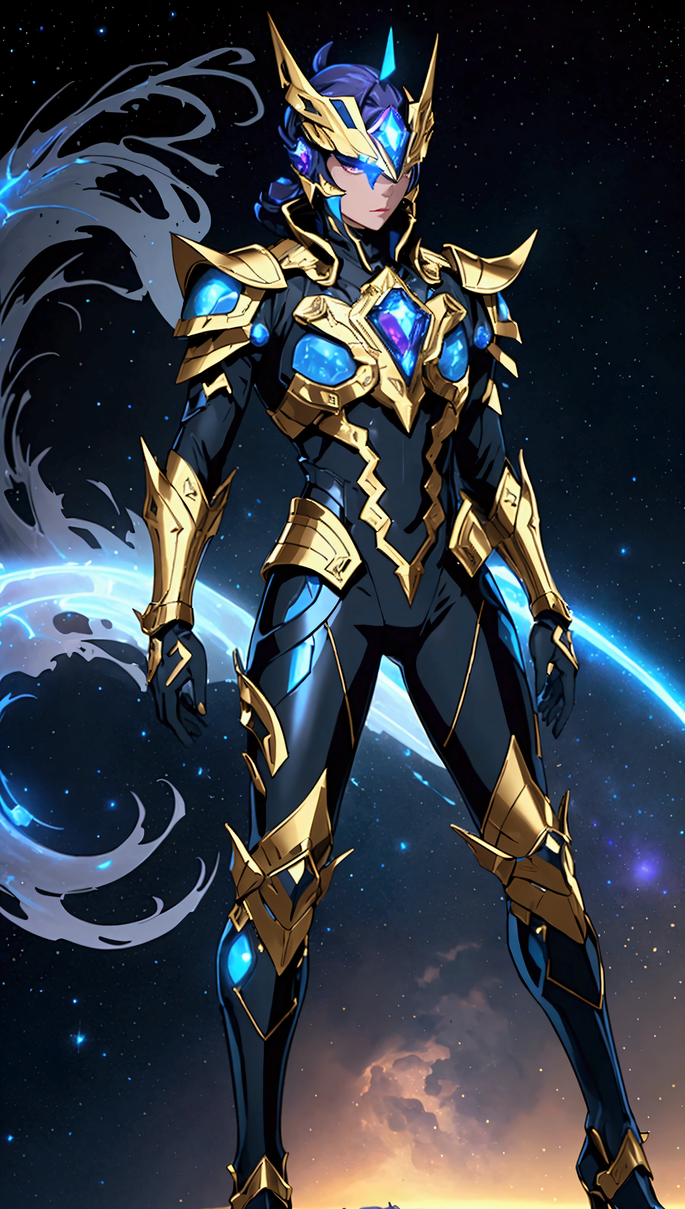 It's a man. The image presents a highly detailed and futuristic armor designed for a male warrior. The armor combines elements from different parts to create a cohesive and powerful look. Helmet: The helmet features a sleek, aerodynamic design with a golden metallic finish. It has a central crest that rises upwards, and the visor glows with a bright blue light, giving it a high-tech, futuristic appearance. Pauldrons (Shoulder Pads): The shoulder pads are designed to be close to the chest, with angular lines extending smoothly toward the shoulders. They have a polished golden finish and curve elegantly upward, creating a harmonious transition between the chest and shoulders, while providing a majestic and protective look. Chest Plate: The chest plate is intricately segmented, with a combination of gold and dark metallic blue. It has a gem-like crystal in the center that emits a soft, mystical glow. The design of the chest plate is both protective and regal, with sharp, angular lines that add to the overall futuristic aesthetic. Arm Guards: The arm guards are sleek and streamlined, with articulated golden and purple segments that offer flexibility and protection. The design of the gauntlets is both robust and elegant, incorporating futuristic elements that blend with the classic style. Leg Armor: The legs are armored with segmented plates that are primarily gold and purple. The boots are angular and sturdy, with a design that conveys both strength and agility. The overall look of the leg armor is grounded yet sleek, completing the ensemble with a powerful stance. The background of the image is a dark cosmic scene, filled with distant stars and nebulae that highlight the polished surfaces of the armor. Dynamic lighting is used to emphasize the key features, particularly the glowing visor and central chest gem, reinforcing the mystical and imposing nature of the warrior.