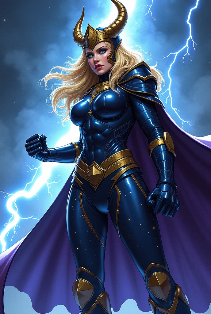 A highly detailed digital illustration of Thundra, the Asgardian hero, standing confidently in dark blue and purple armor with gold trim, inspired by Jack Kirby's designs. She has blonde hair and a stern expression, wearing a Norse helm with gold wings, the helmet covers her entire head. Her right hand is covered in a heavy armored glove, while her left hand is bare, showing intricate details. Thundra's cape resembles a star field, and she commands thunder and lightning in a cosmic background. She is depicted in a dynamic pose with one leg raised, punching a fist while holding a lightning bolt. The illustration captures the essence of her power, with detailed hands, realistic textures, and a focus on the sharpness of her features. Full body, with a star pattern integrated into her design. Her blue eyes glow with power.