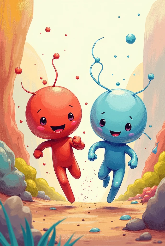 draw in pencil and create two cute characters, they must be formless non-human beings for children. Strength and Movement they are friend adventurers. Strength robust red and Movement light blue, these on a fantastic land of Energyland, where the laws of physics came to life, it must be cute and colorful for kids with running poses