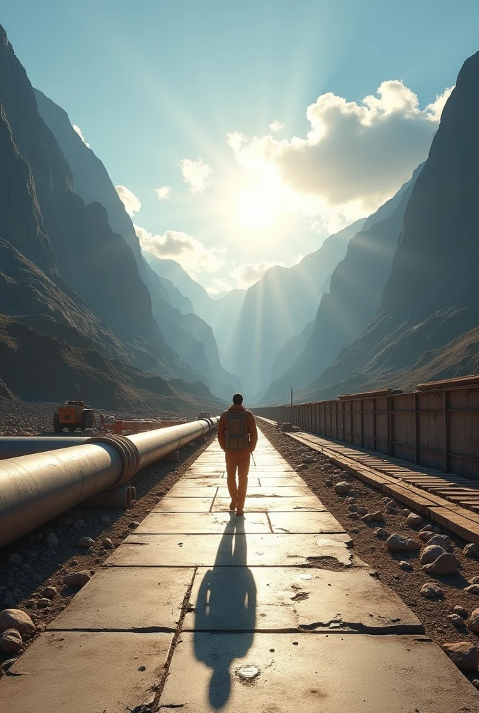 “Create an image of a construction or industrial site with bright sunlight casting long shadows. It includes a concrete walkway bordered by wooden planks on one side and large metal pipes on the other.. At the bottom, There must be a person illuminated by the sun, with its shadow extending into the foreground. The setting appears to be in a valley surrounded by mountains and a clear blue sky..”