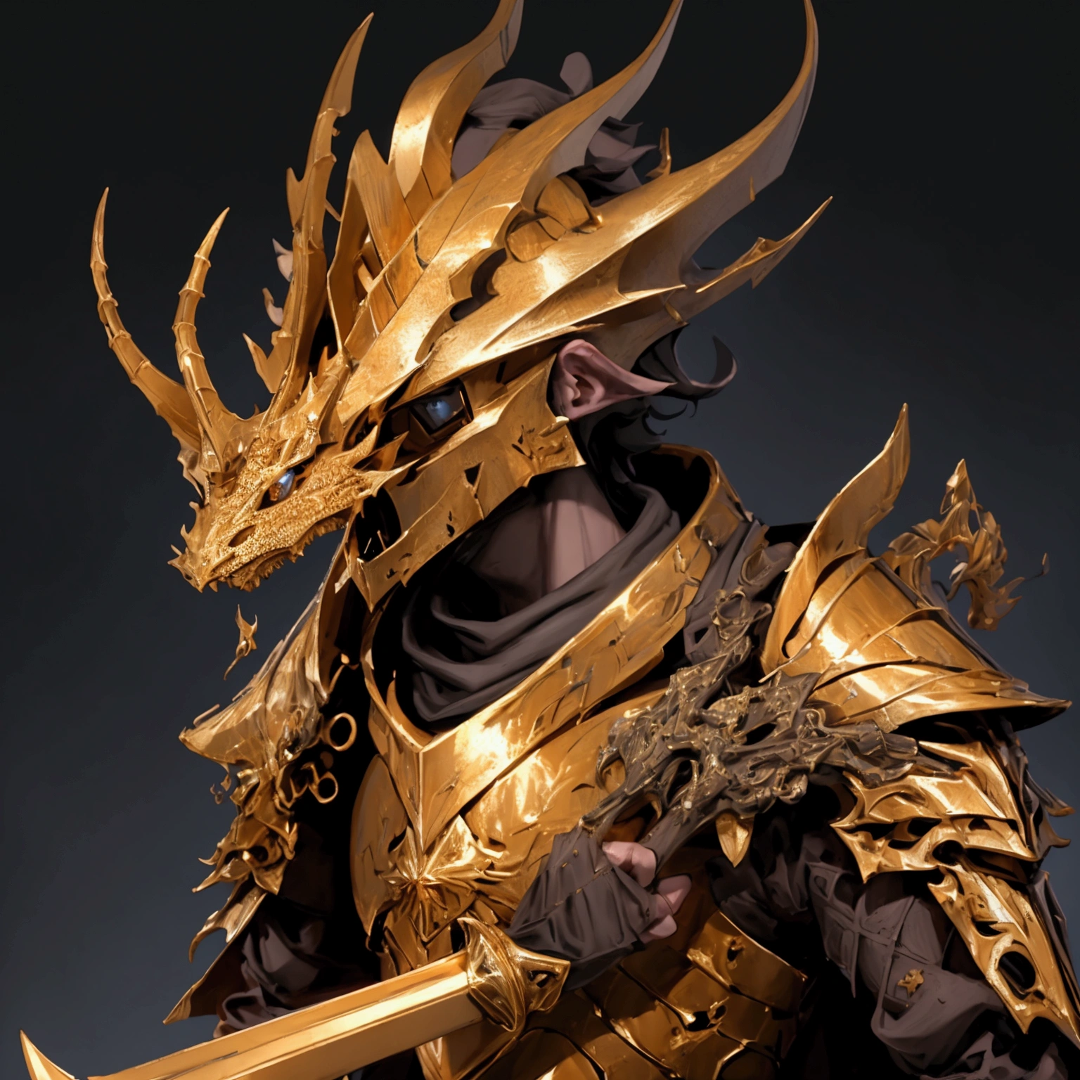 envision a 8k, highres, cinematic close up portrait of a Faceless Knight named Ornstein with a slender body with Grand Golden armor with a dragon slayer helmet against a dark gray background in the style of dark fantasy