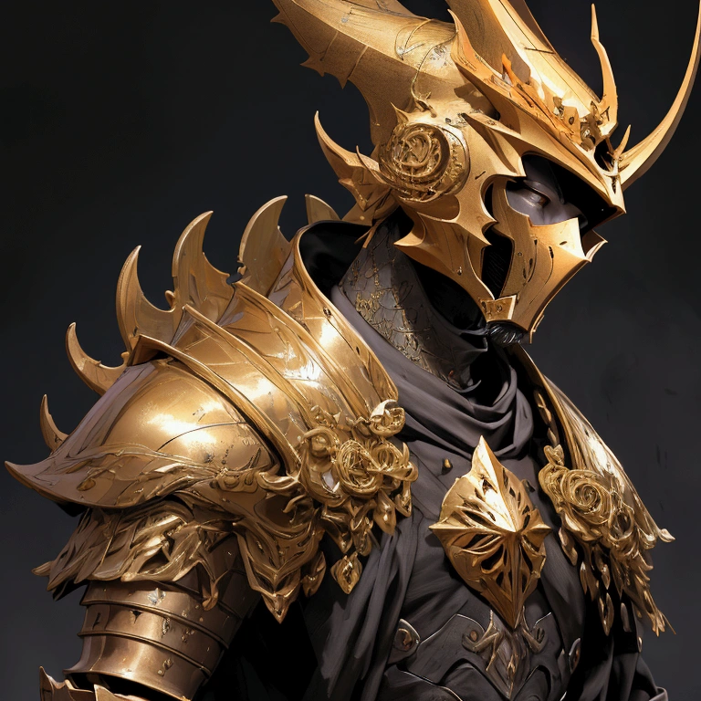 envision a 8k, highres, cinematic close up portrait of a Faceless Knight named Ornstein with a slender body with Grand Golden armor with a dragon slayer helmet against a dark gray background in the style of dark fantasy
