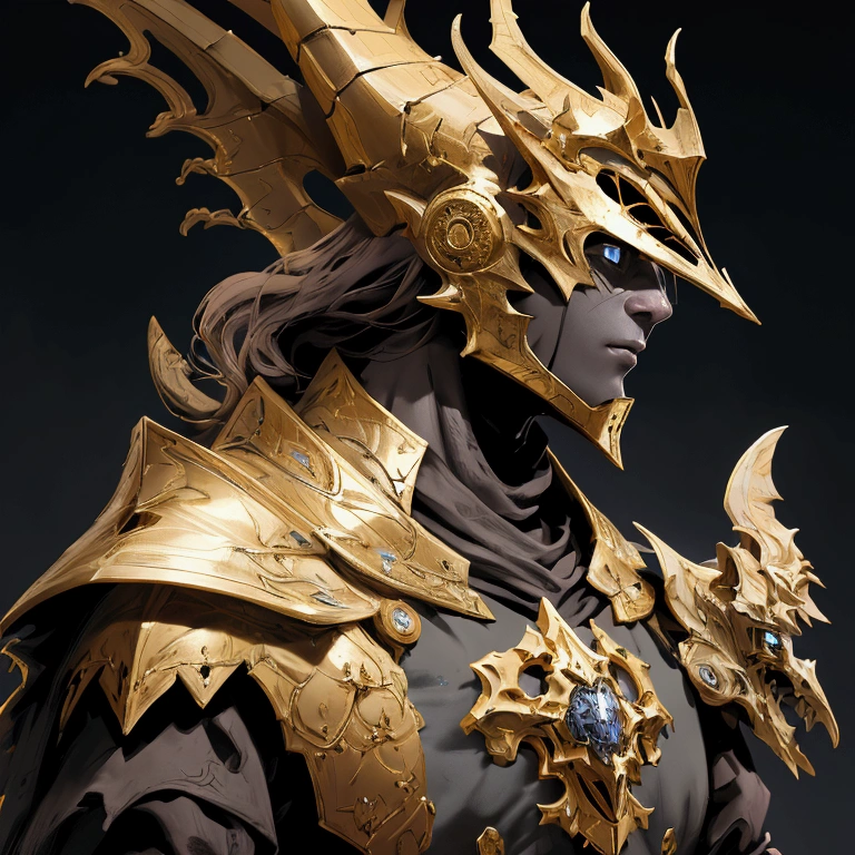 envision a 8k, highres, cinematic close up portrait of a Faceless Knight named Ornstein with a slender body with Grand Golden armor with a dragon slayer helmet against a dark gray background in the style of dark fantasy