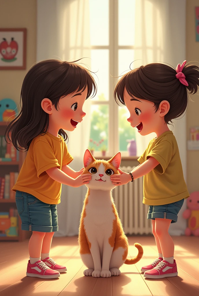Two twin girls enjoy playing with their cute little black puppy dog in cartoon