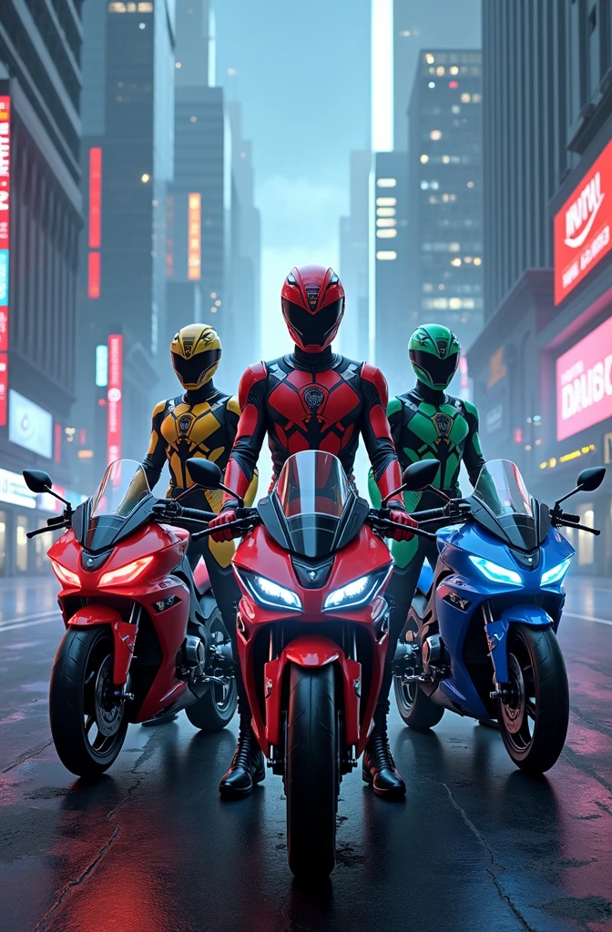 I need you to look for power ranger ninja storm and remake a new futuristic version WITH BIKES BEHIND EACH RANGER, RED RANGER, YELLOW RANGER, GREEN RANGER, AND THE BLUE FEMALE RANGER AND AN OPEN TRUCK leaving these bikes