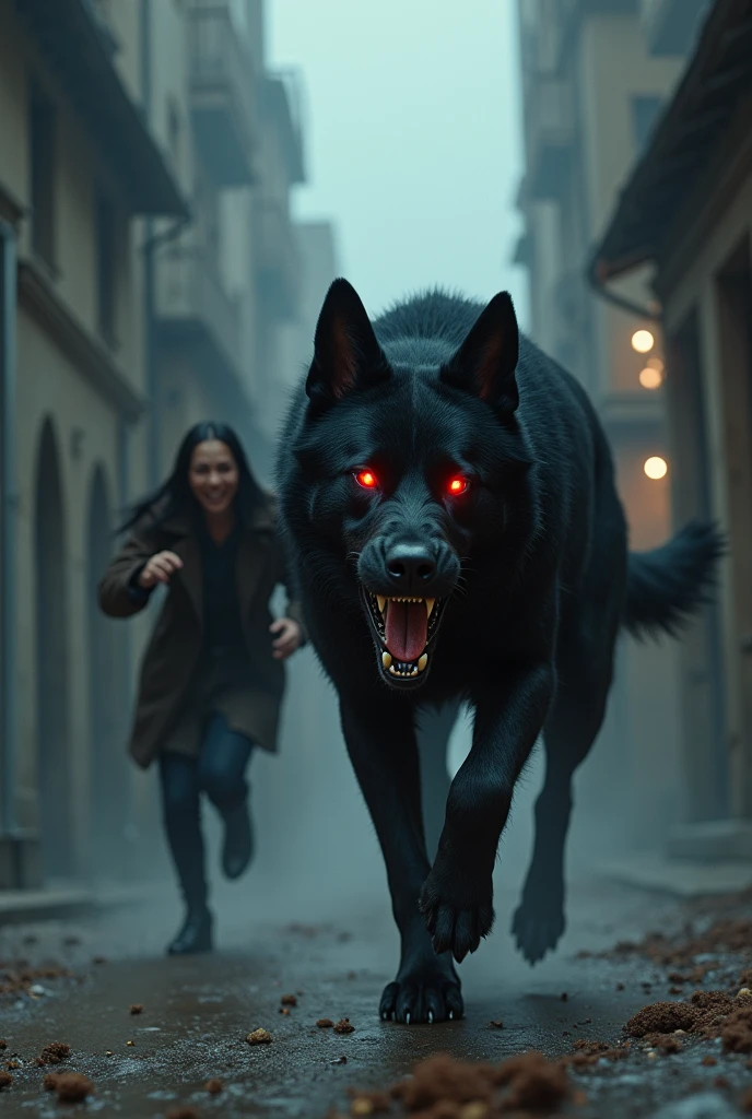 Man and woman, chased by a large black dog with red eyes