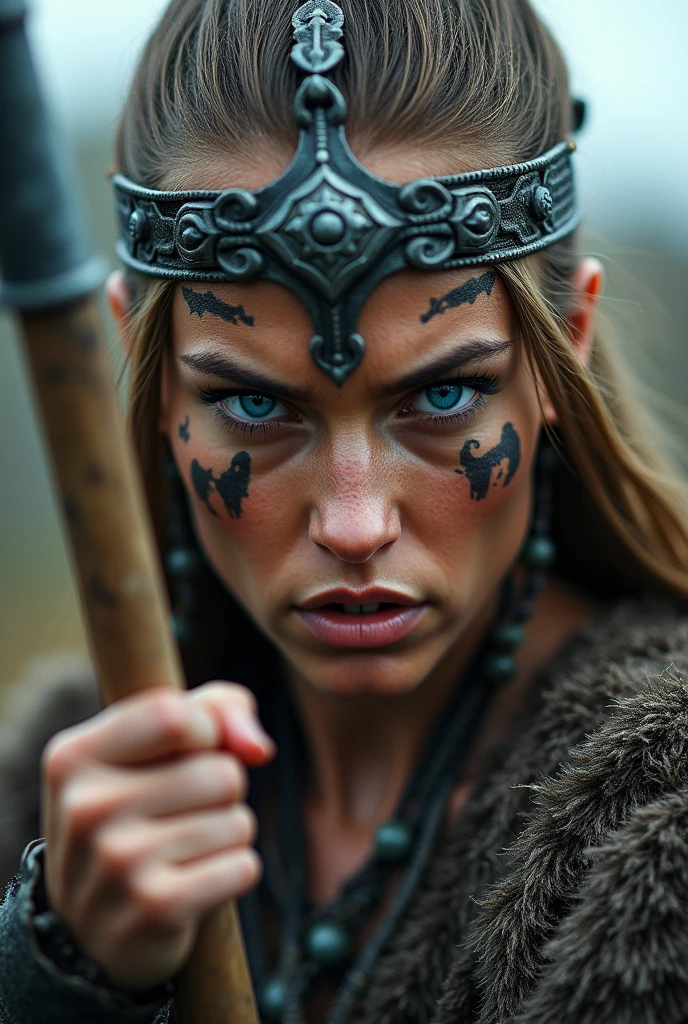 Close up viking warrior with axe in hand, Woman, blue eye, makeup on face, axe next to the face, large head ornament , necklace on the neck, yelling