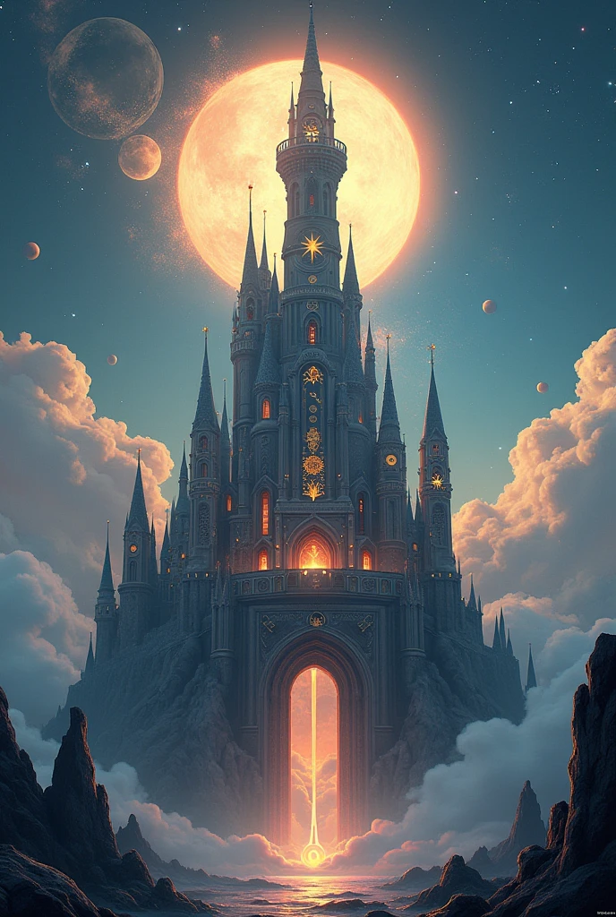 Create a mystical and fantastic castle in 3D .
With astrological symbols and meanings ak planet sun with a tall main tower 