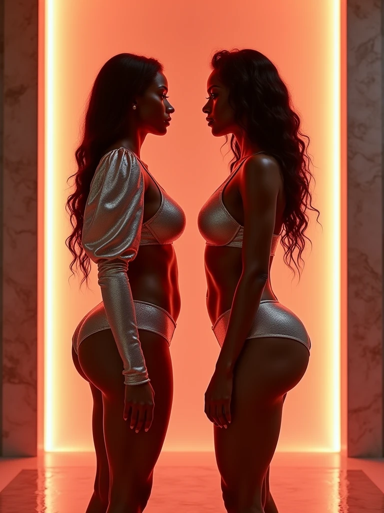 IMMENSELY MASSIVE: BUTTOCKS fitness mature twins duo objective, hip dips, dark skin melanin, 8K UHD, IMMENSELY MASSIVE BULGING ASS PROTRUDING BUTTOCKS paired perfectly with world's 🌎 tiniest waist, DSLR, pastel translucent (cream gradient tan) leggings, widest buttocks under cleft, paired with most wide trapezoidal hips, spa room, Vaporwave, elegance, RAW, muscular abs, eloquence, skinny waist, flat stomach, by DynastySeries, in the space universe, metallic fabric, long plastic puffy sleeves, erotic, short puffy skirt, eroticism, with a neon color behind booty, erotica, transparent (cream gradient tan) metallic long fabric, no nsfw 