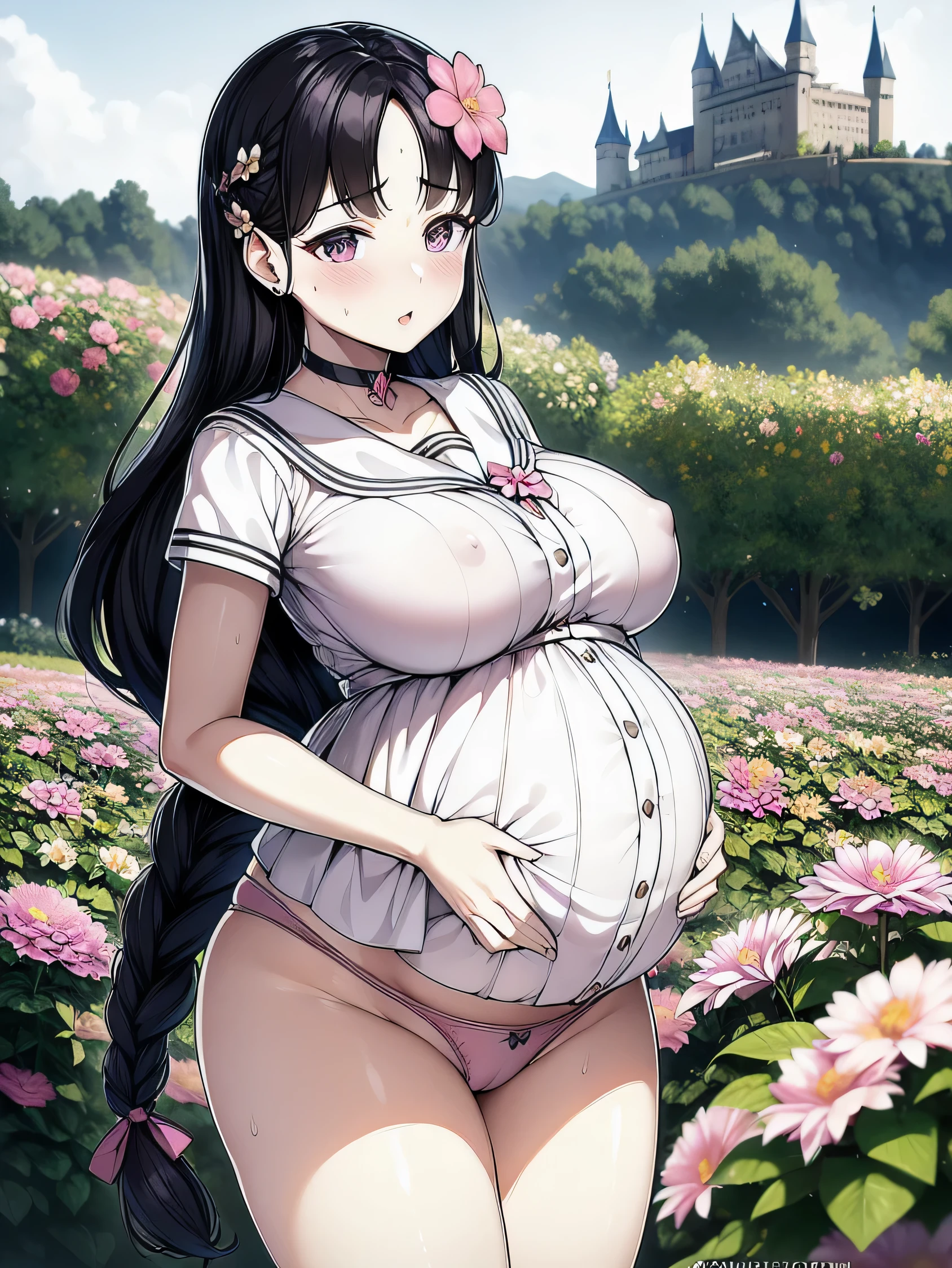 sunny,Standing upright and immobile, Sailor dress, Mini length, Wearing black stockings, Pregnant women,black_hair, length_hair, hair_Pulled_return,Broke up_lips,purple_eye, Braiding, semi-long, 1 person, sleeved,40 years old,Mature Woman,Erect nipples,beautiful Finger,beautiful length legs,beautiful body,beautiful Nose,beautiful character design, perfect eye, perfect face, View your viewers,(Innocent_big_eye:1.0),(Light_笑face:1.0), Official Art,Very detailed CG Unity 8k wallpaper, Perfect lighting,Farbeful, bright_front_face_Lighting, (masterpiece:1.0),(Highest_quality:1.0), 超High resolution,4K,Very detailed, photograph, 8k, High resolution, High resolution, absurdes:1.2, 400 for Kodak Port, Film Grain, blurry returnground, bokeh:1.2, Lens flare, (Vibrant_Farbe:1.2) (beautiful,big_chest:1.4), (beautiful_face:1.5),(cure heart), pink bow, jewelry, bow, heart brooch, choker, brooch, heart, earrings, hair ornament, stockings,(Sweaty skin:1.4),(Embarrassing,blush:1.5),(vapour:1.3),(pussy juice stain panties),(A flower garden with a castle in the distance:1.5)