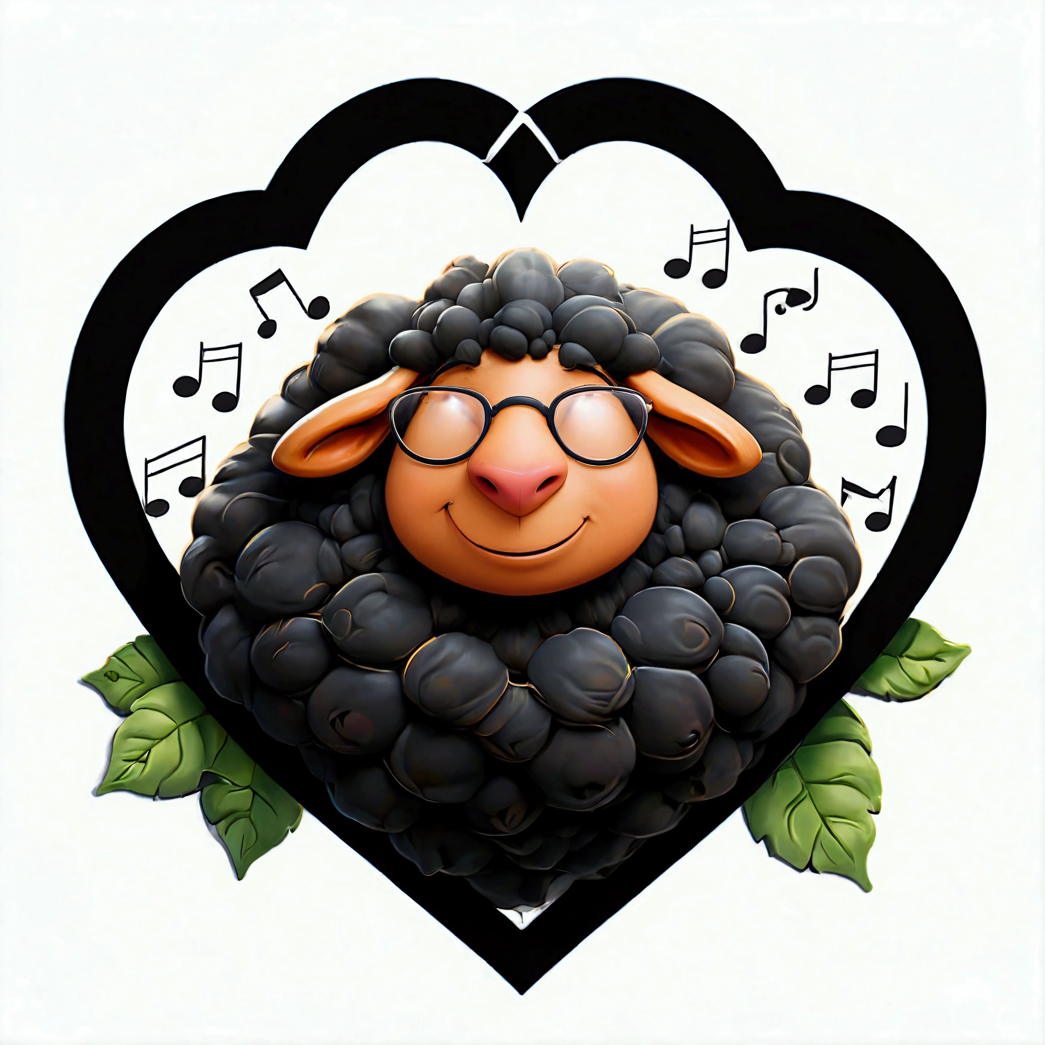 A logo of a black sheep inside a heart symbol. The sheep is visibly pleased, with a smiley face. The background is white. There is a green leaf  above the heart symbol has piano keys patterns in it, musical notes flying out of the heart symbol, the sheep is wearing seeing glasses.