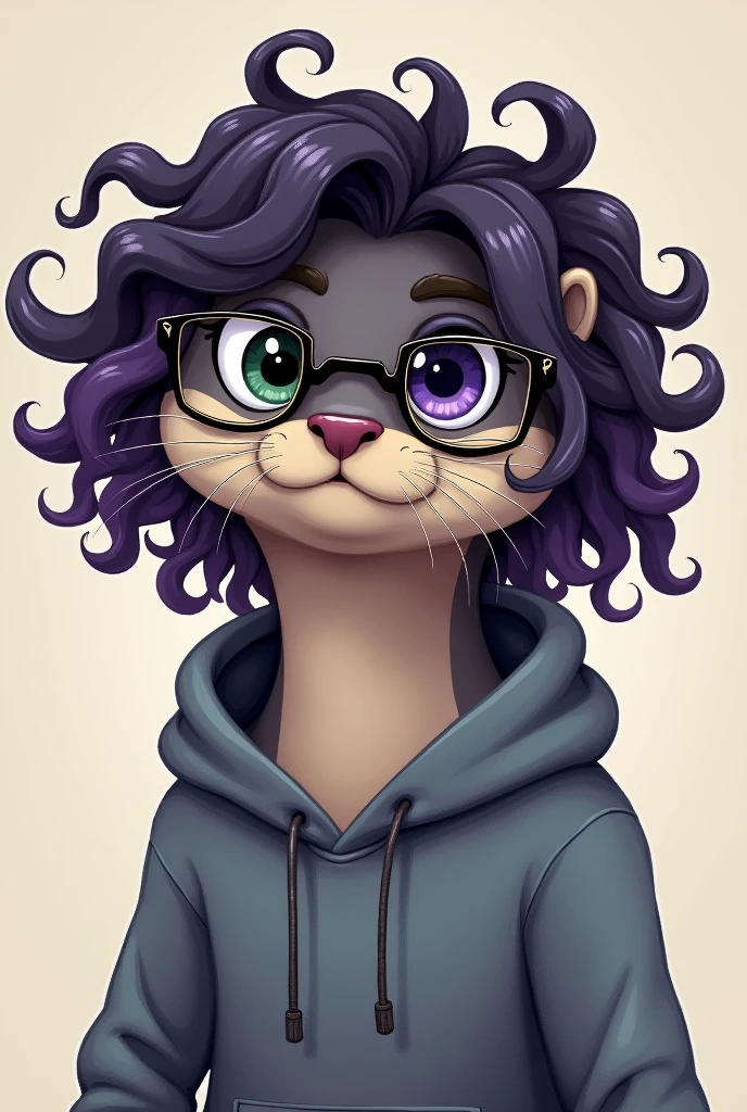 otter , curly black and purple hair, wearing glasses and a sweatshirt, heterochromia one eye green and the other black 