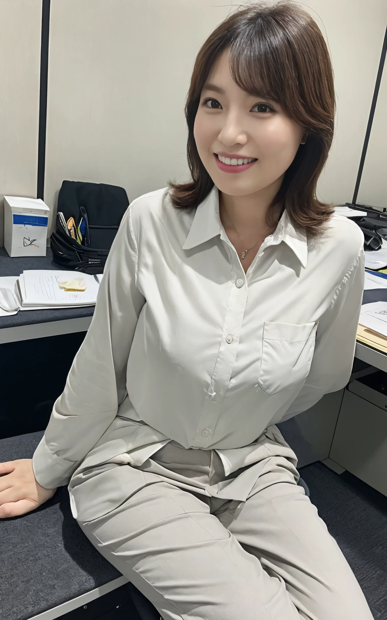 ((Best Quality, 8k, Masterpiecedetails, ultra-high resolution)), (looking at the viewer), (full shot:), attractive business 1 milf sitting down on office, desk, a bit chubby:0.25, white collared shirt, grey long pants, (laying down on office desks)), smile, office of CEO,