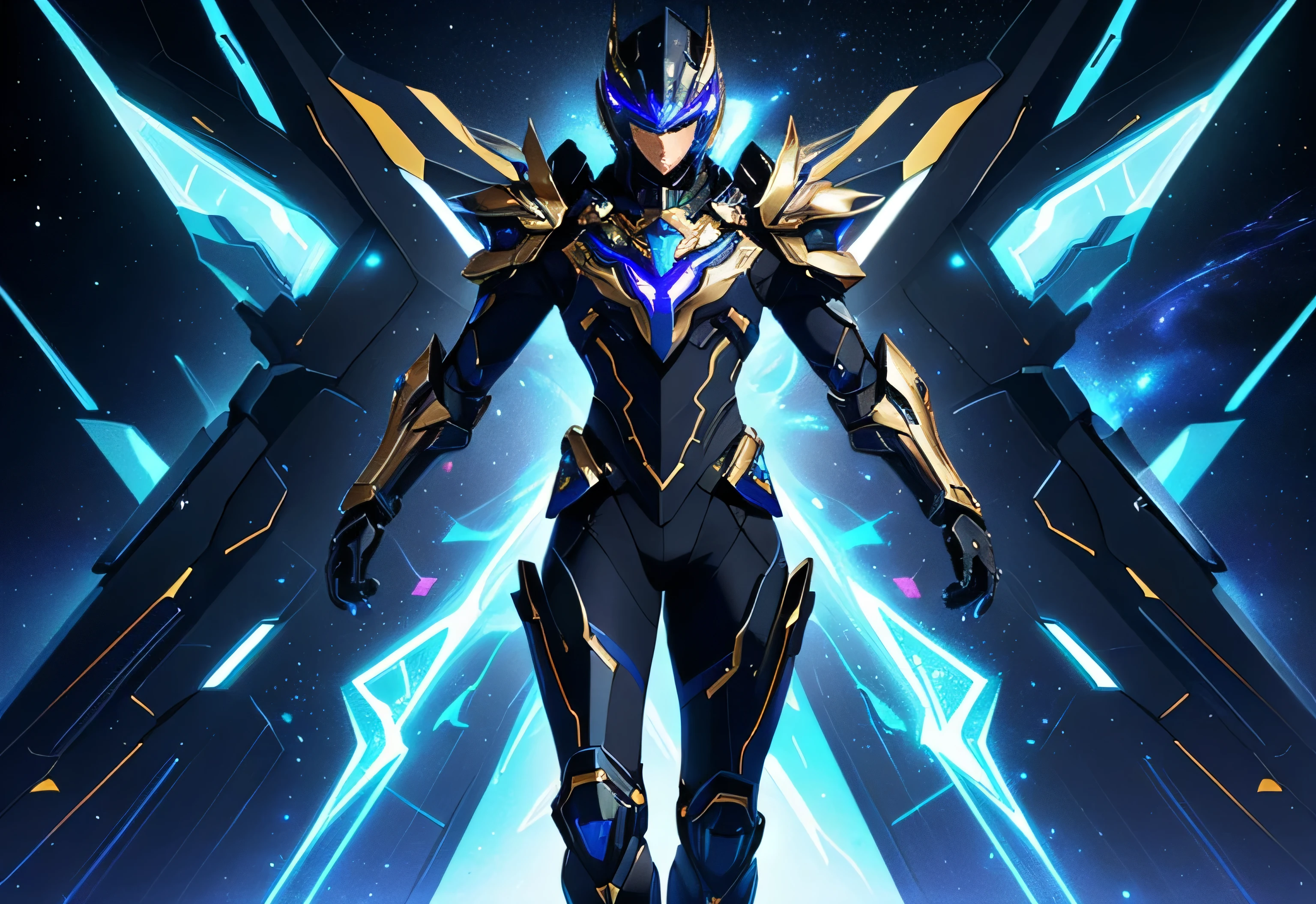 It's a man. The image presents a highly detailed and futuristic armor designed for a male warrior. The armor combines elements from different parts to create a cohesive and powerful look. Helmet: The helmet features a sleek, aerodynamic design with a golden metallic finish. It has a central crest that rises upwards, and the visor glows with a bright blue light, giving it a high-tech, futuristic appearance. Pauldrons (Shoulder Pads): The shoulder pads are designed to be close to the chest, with angular lines extending smoothly toward the shoulders. They have a polished golden finish and curve elegantly upward, creating a harmonious transition between the chest and shoulders, while providing a majestic and protective look. Chest Plate: The chest plate is intricately segmented, with a combination of gold and dark metallic blue. It has a gem-like crystal in the center that emits a soft, mystical glow. The design of the chest plate is both protective and regal, with sharp, angular lines that add to the overall futuristic aesthetic. Arm Guards: The arm guards are sleek and streamlined, with articulated golden and purple segments that offer flexibility and protection. The design of the gauntlets is both robust and elegant, incorporating futuristic elements that blend with the classic style. Leg Armor: The legs are armored with segmented plates that are primarily gold and purple. The boots are angular and sturdy, with a design that conveys both strength and agility. The overall look of the leg armor is grounded yet sleek, completing the ensemble with a powerful stance. The background of the image is a dark cosmic scene, filled with distant stars and nebulae that highlight the polished surfaces of the armor. Dynamic lighting is used to emphasize the key features, particularly the glowing visor and central chest gem, reinforcing the mystical and imposing nature of the warrior.