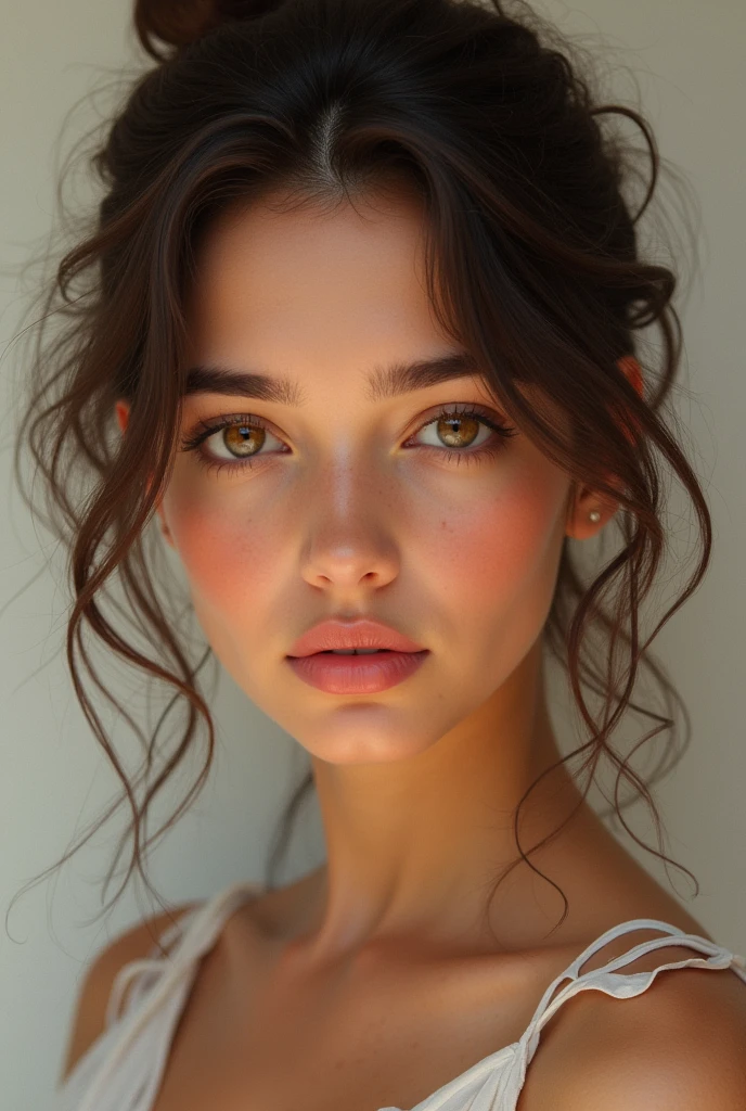 Hazel eyes, thick lips, round face, Spanish nationality