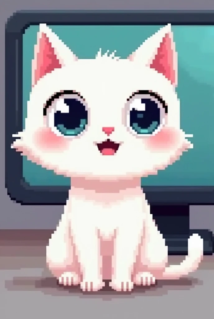 Simple cute white pixelated cat with open mouth near front screen