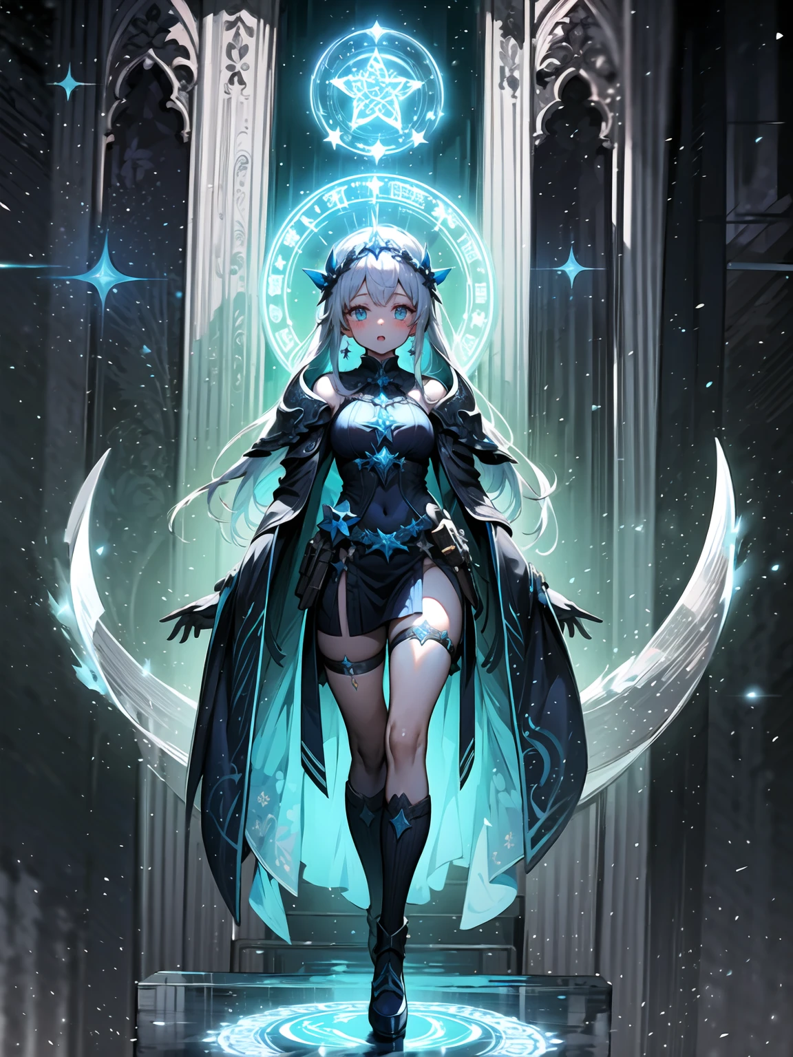 a goddess of the magic, sexy and beautiful, upright star totem float behind the back, magic circle on feets, halo, super textured skin, super detail face, perfect face, Super fine facial details, beautiful and delicate eyes, perfect eyes, anatomically correct, correct limbs, correct figner, super detail figner, best hair quality, best clothing quality, best prop quality, best halo detail and quality, best magic circle detail and quality, complex halo detail,