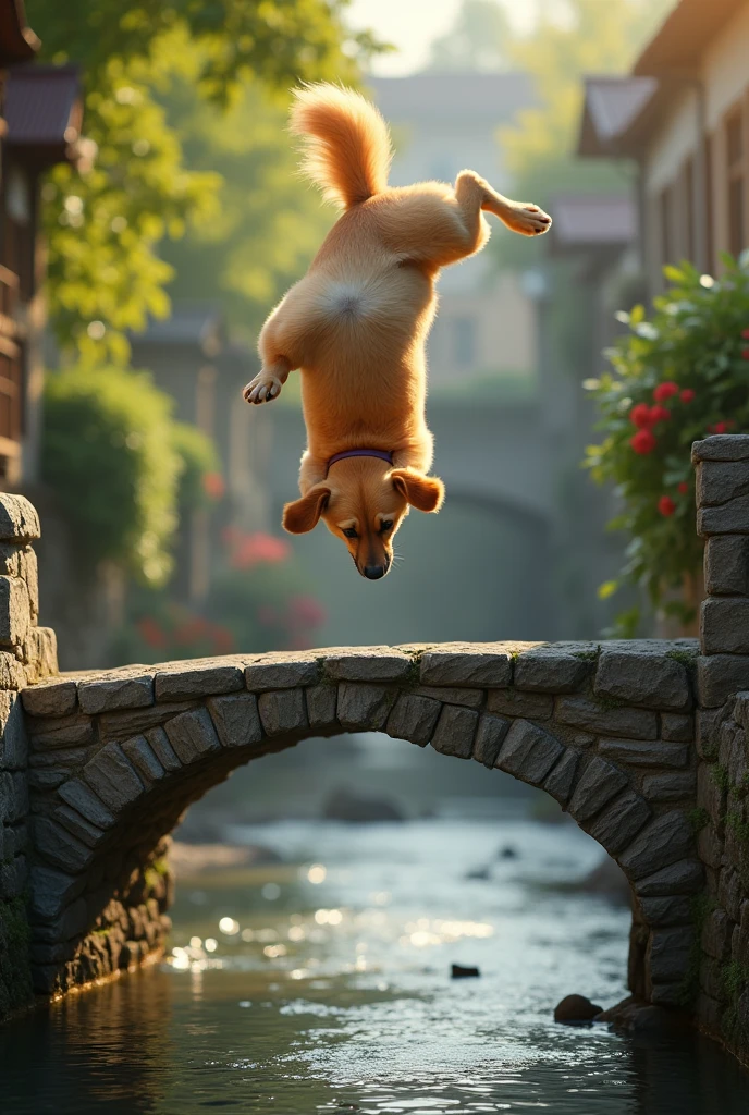 Dog doing somersault on a bridge