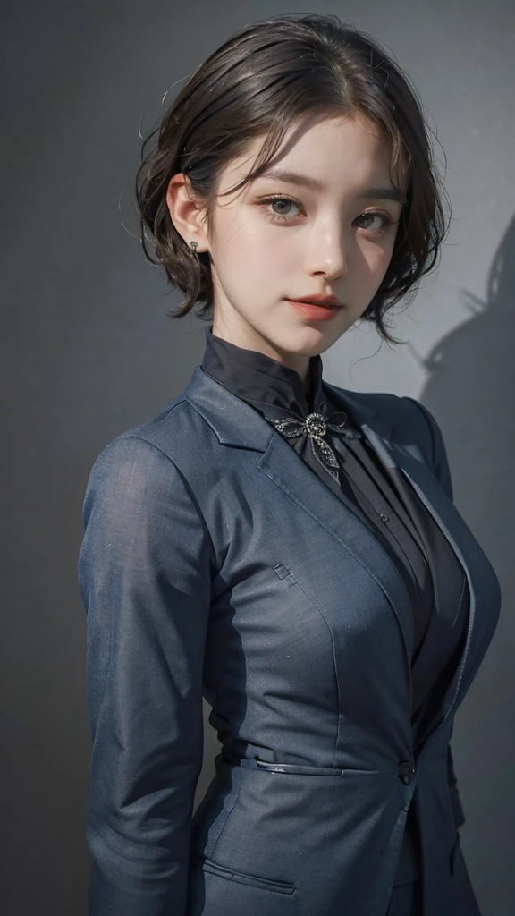 charlzcjm, headshot, (jacked charlzcjm, bright hazel green eyes), (curly low fade haircut:1.14), (sunburned skin, 5 o'clock shadow) ((smirking, buff)), detailed face, detailed iris, full lips, ((cute, wearing a modern luxury dark navy blue suit, pocket handkerchief, buff, wavy low fade haircut)), ((grey background, symmetrical facial features)), intricate details, studio lighting, 80mm, portrait, shallow depth of field, CEO, smirking, happy