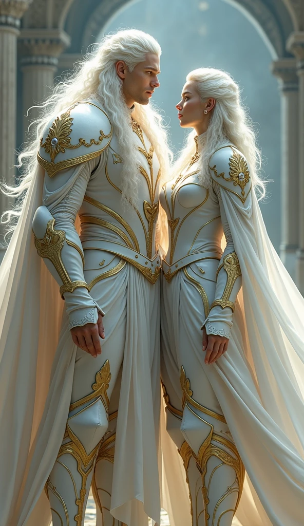A young white haired man ,very long neon white shiny hair, and woman with White and gold armor and a cape related to the Knights of the Zodiac, His armor will have the combination of a lion spirit and a puma and his human companion with a neon white armor with the spirit of a white dog