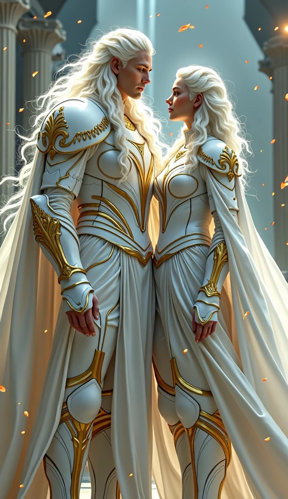 A young white haired man ,very long neon white shiny hair, and woman with White and gold armor and a cape related to the Knights of the Zodiac, His armor will have the combination of a lion spirit and a puma and his human companion with a neon white armor with the spirit of a white dog