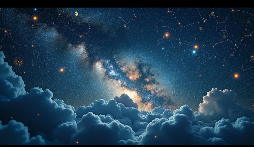 "A starry sky with constellations forming financial symbols, such as dollar signs and graphs. The atmosphere should be mystical and inviting, blending celestial beauty with financial concepts. --ar 16:9"