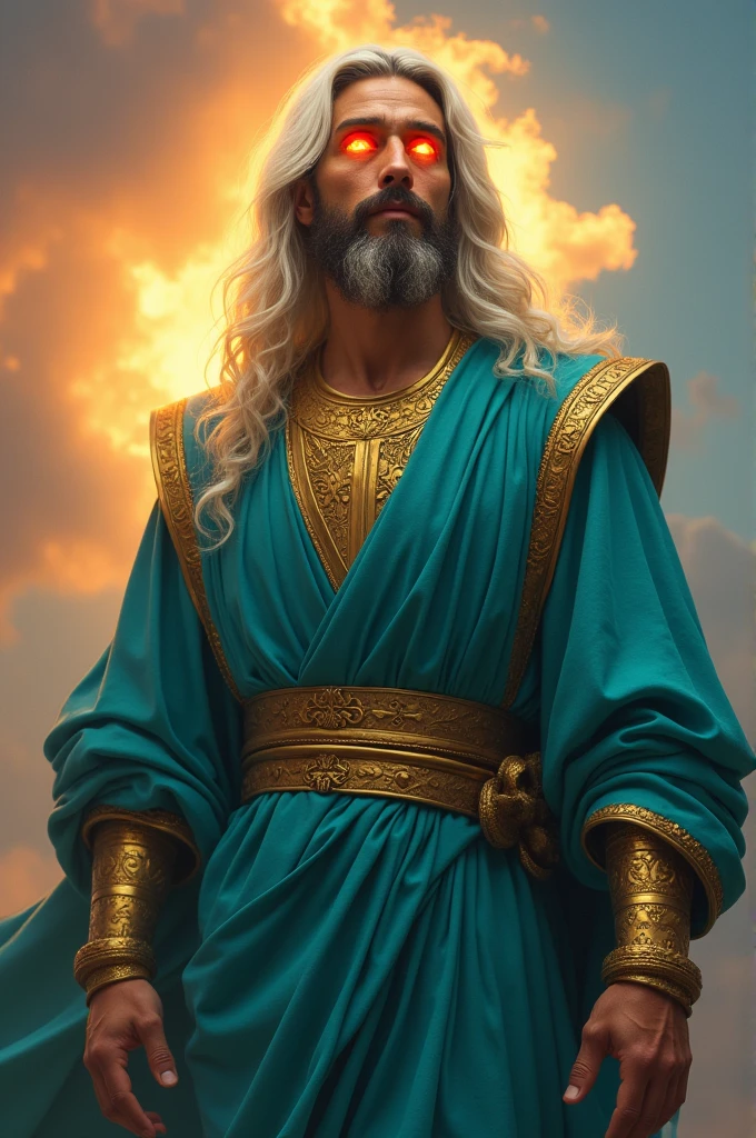 A man dressed in a turquoise linen tunic,
Girding his shoulders with gold  ,
arms, hands and feet of bronze,
long white hair,
Add fire flames to the eyes,
with sky background ,
jesus,
Face with light