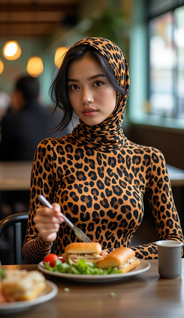 The most beautiful,thin,most pretty and clever Asian muslimah adult girl wears sunda clouded leopard print lycra turtleneck unitard catsuit covered with many spots.She always wear sunda clouded leopard print lycra dancewear stretchy square hijab covered with many spots.She sits on the metal chair to eat salad chicken sandwiches in the restaurant.