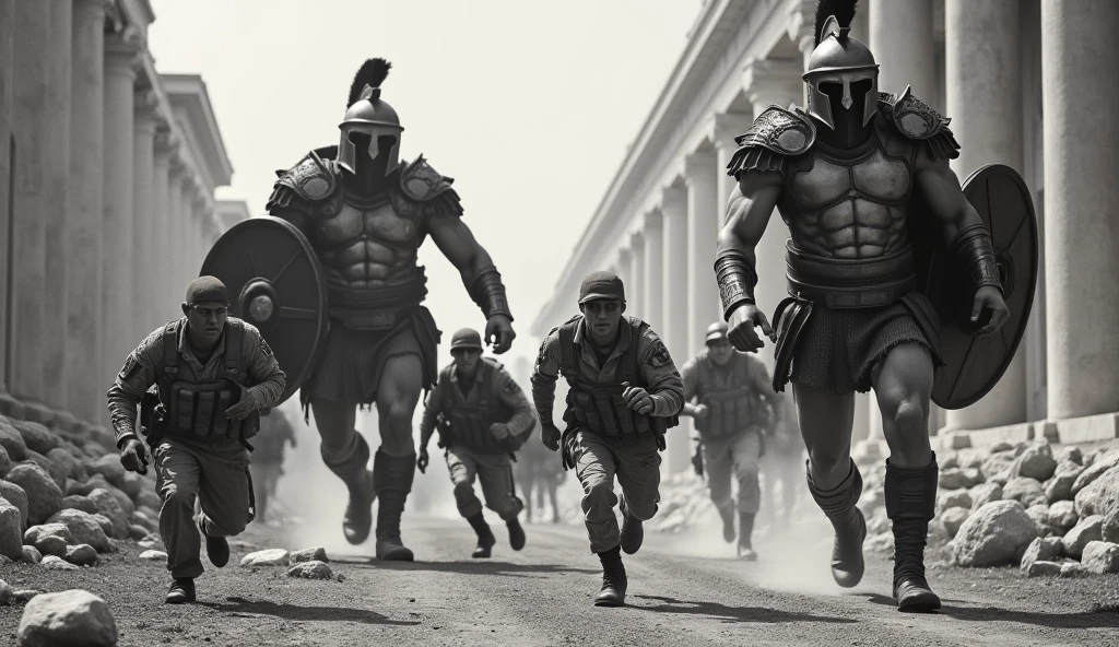 old grainy black and white 35mm, old footage, Scared US Army soldiers in camouflage fleeing from two giant Spartan soldiers among ancient ruins