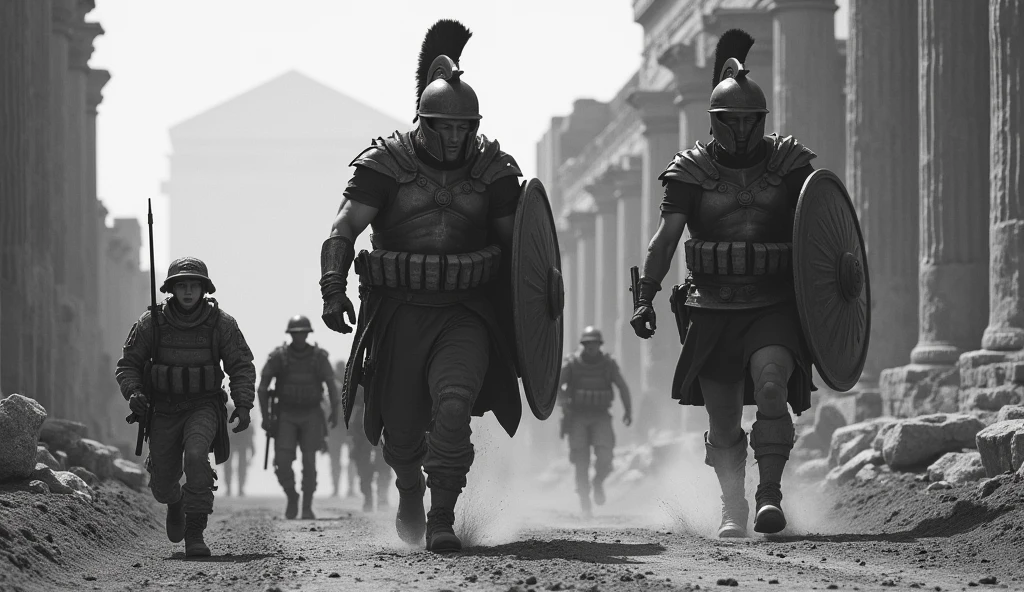 old grainy black and white 35mm, old footage, Scared US Army soldiers in camouflage fleeing from two giant Spartan soldiers among ancient ruins