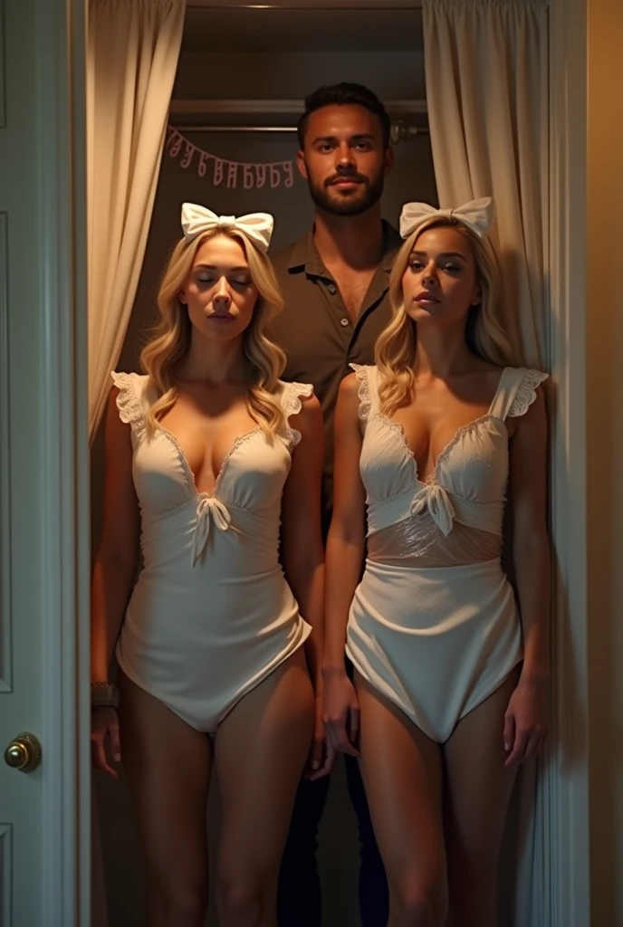 A casually dressed man walks into his room , He opens his large closet and is surprised to see that there are two blonde-haired women with beautiful braids, beautiful faces, dressed in sexy maid outfits, They are standing with their eyes closed, with a gift bow on their heads, Their bodies are wrapped in plastic, There is a banner that says "happy birthday" hanging in the closet, Realistic details, Hyper-realistic image quality