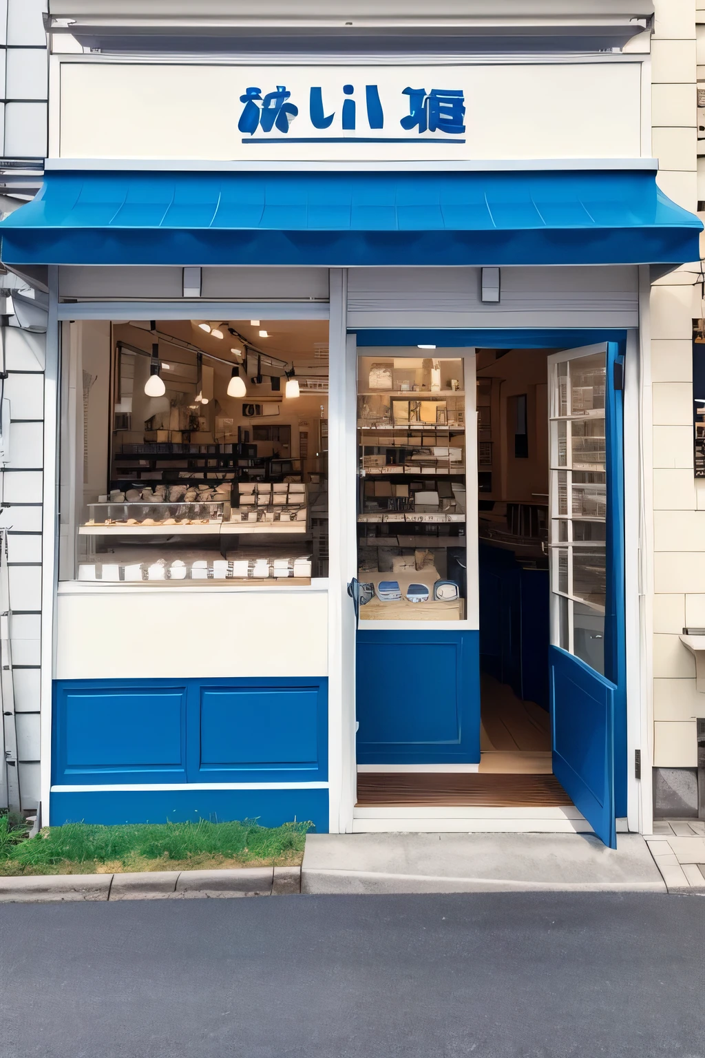 Store design for a milk specialty store based on blue, white, and black。 A cute, pop-style French country-style shop for women。 Fresh milk for sale、Soft serve ice cream and milk pudding、A store that also sells milk donuts。 Located in a department store in Kichijoji, Japan。 It's a small restaurant with about 10 seats for eating in.。Image of the inside of a department store basement。