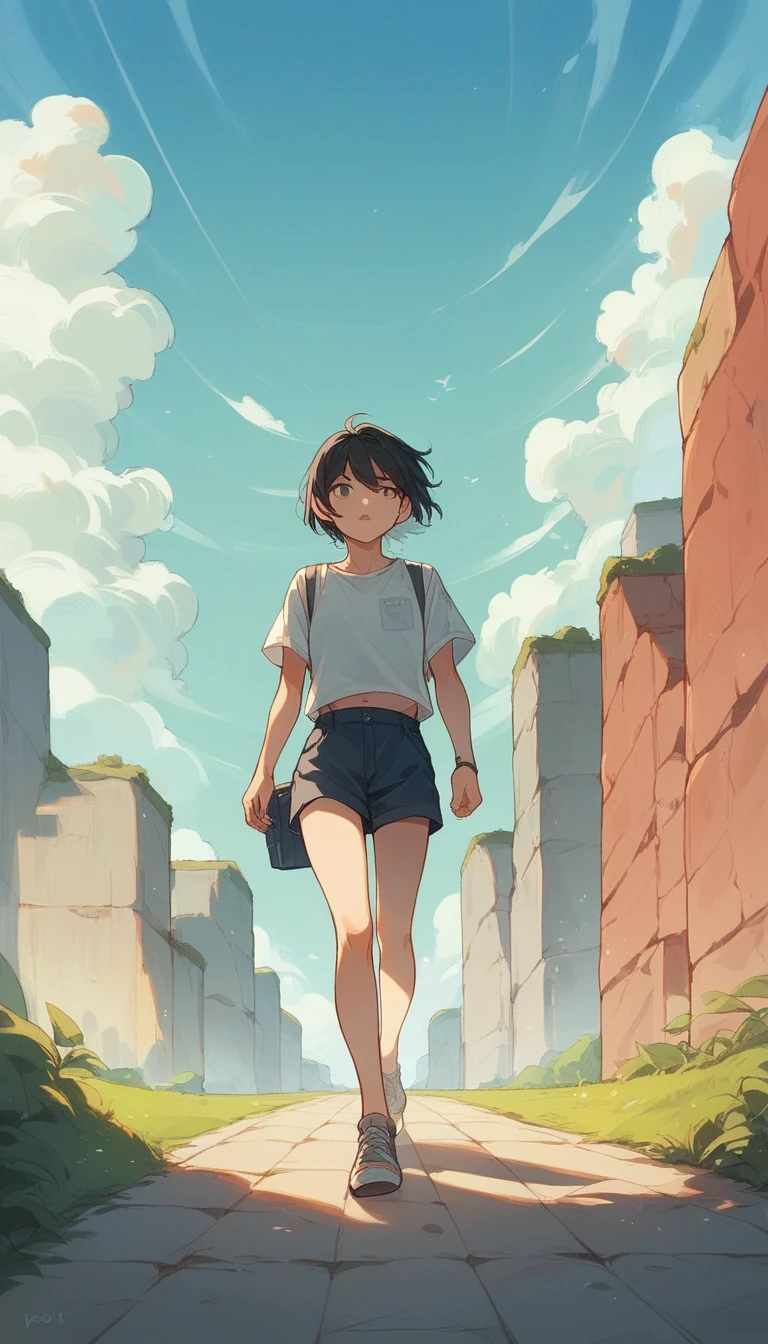 Black-haired boyish girl、Summer Casual、Summer blue sky、Summer Clouds、fine、Side Angle、Landscape、Vision、Walking towards the camera