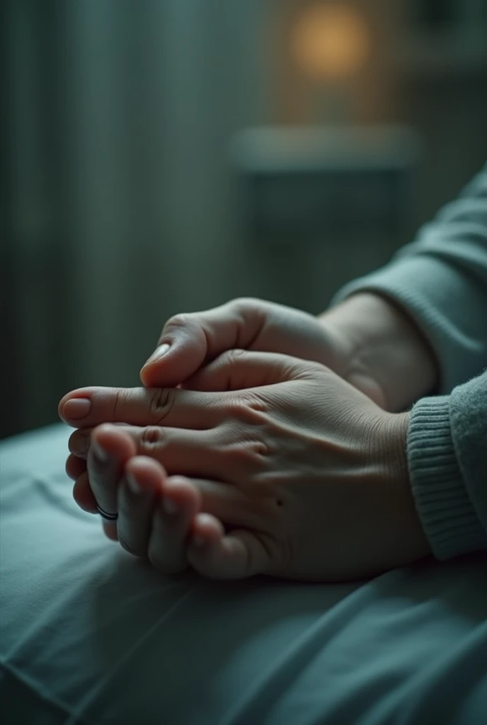 Hand on top of another hand as a gesture of support during a coma
