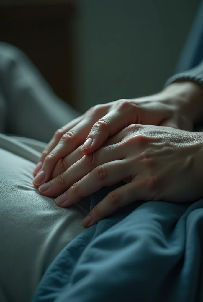 Hand on top of another hand as a gesture of support during a coma